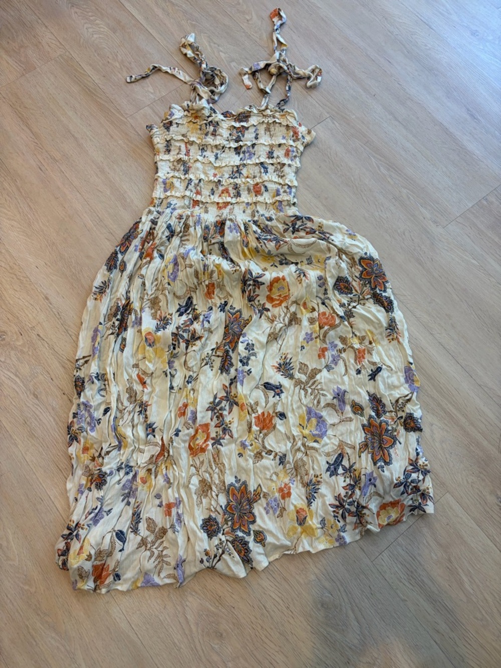 Free People XS Smocked Floral Sundress in Cream with Orange & Lavender Accents